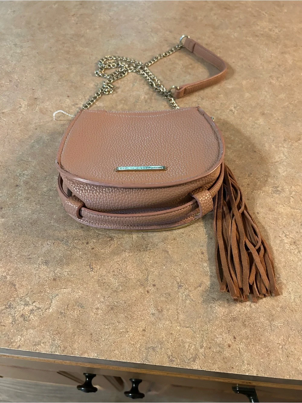 Textured Tan Crossbody Saddle Bag with Tassel